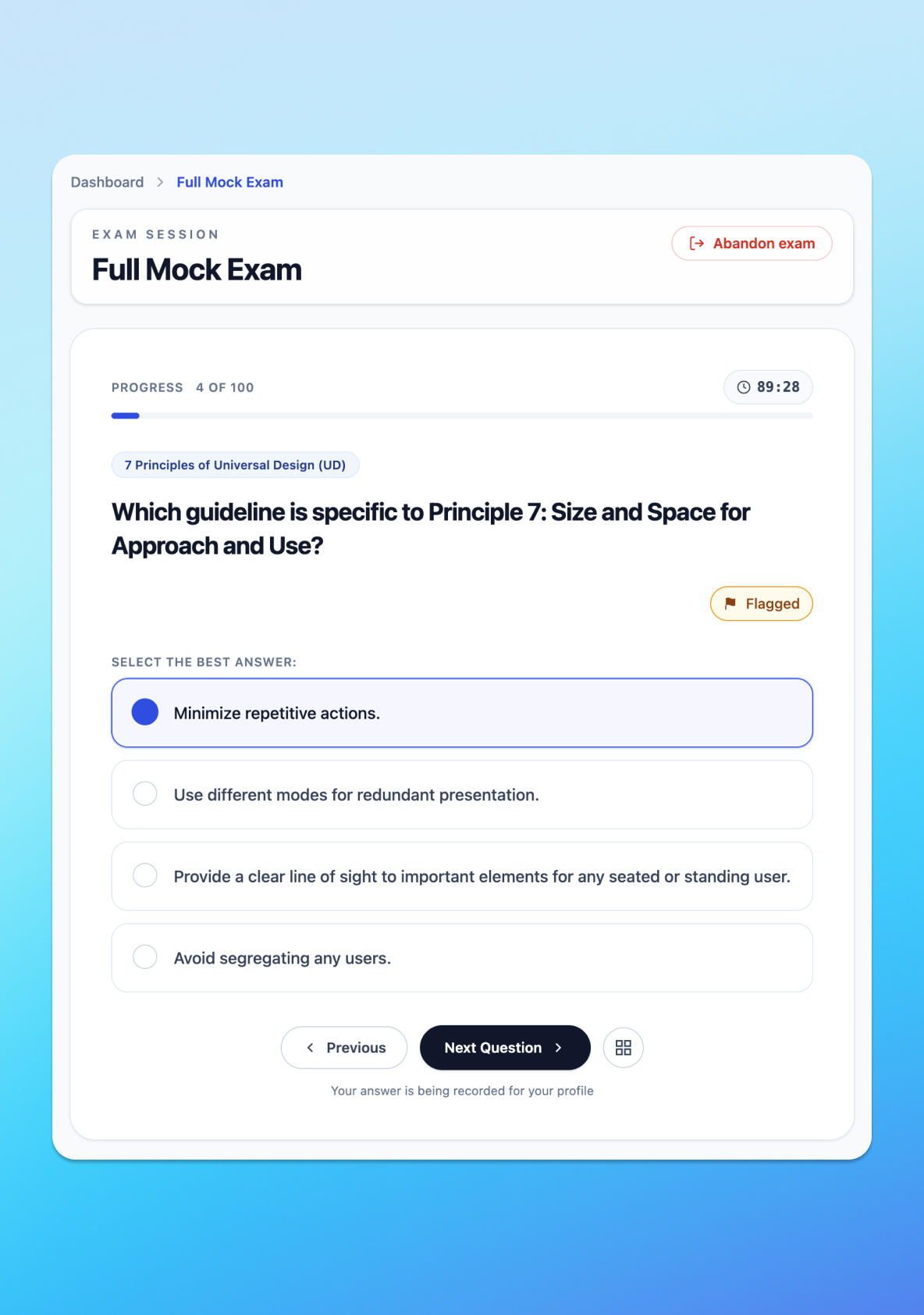Active Full Mock Exam screen showing question 1 of 100, a countdown timer at 89:50, a flagged-for-review badge, and four answer options with no immediate feedback.
