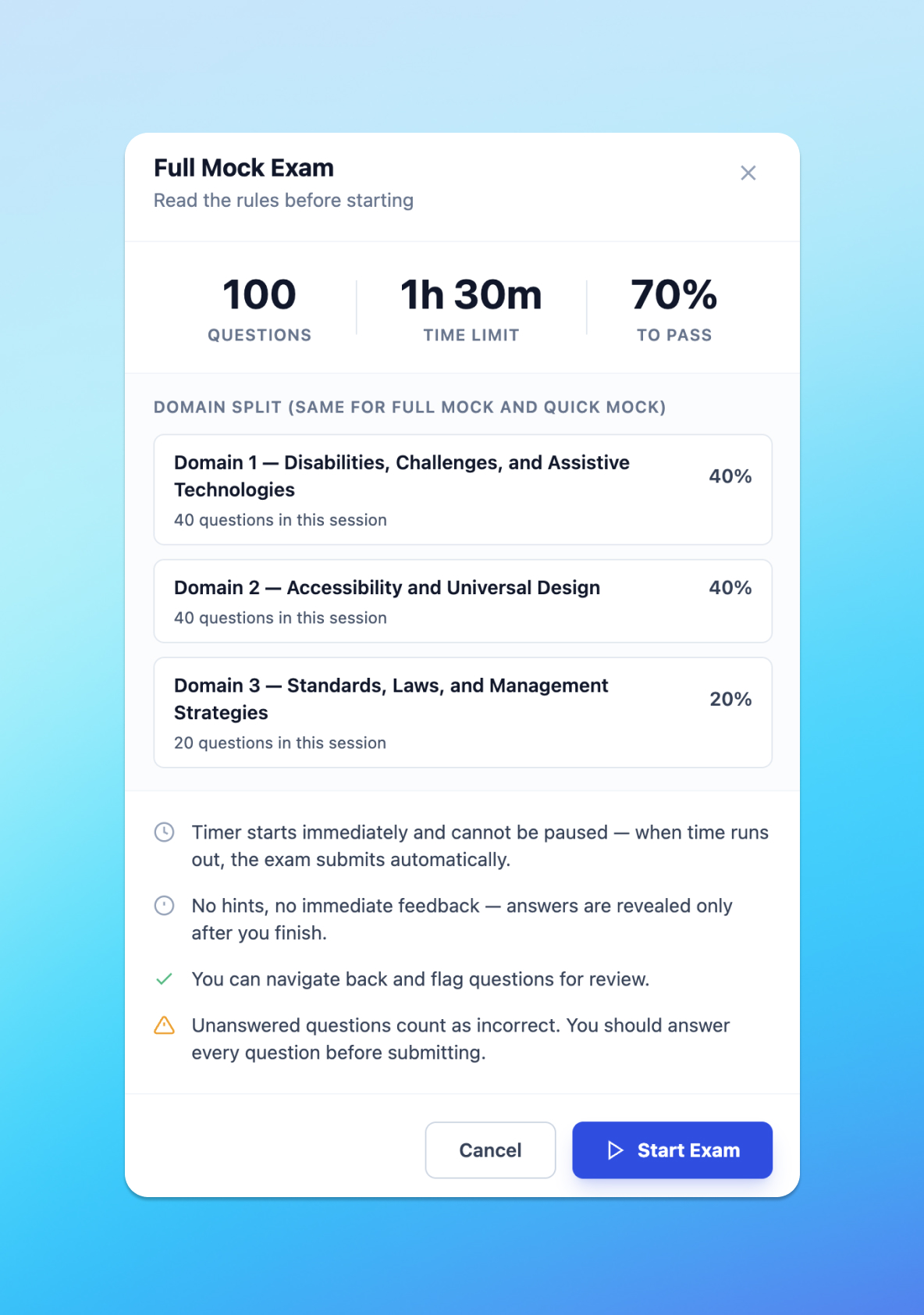 Full Mock Exam pre-start modal: 100 questions, 1 hour 30 minutes, 70% to pass, and a domain split of 40 / 40 / 20 across the three CPACC domains.