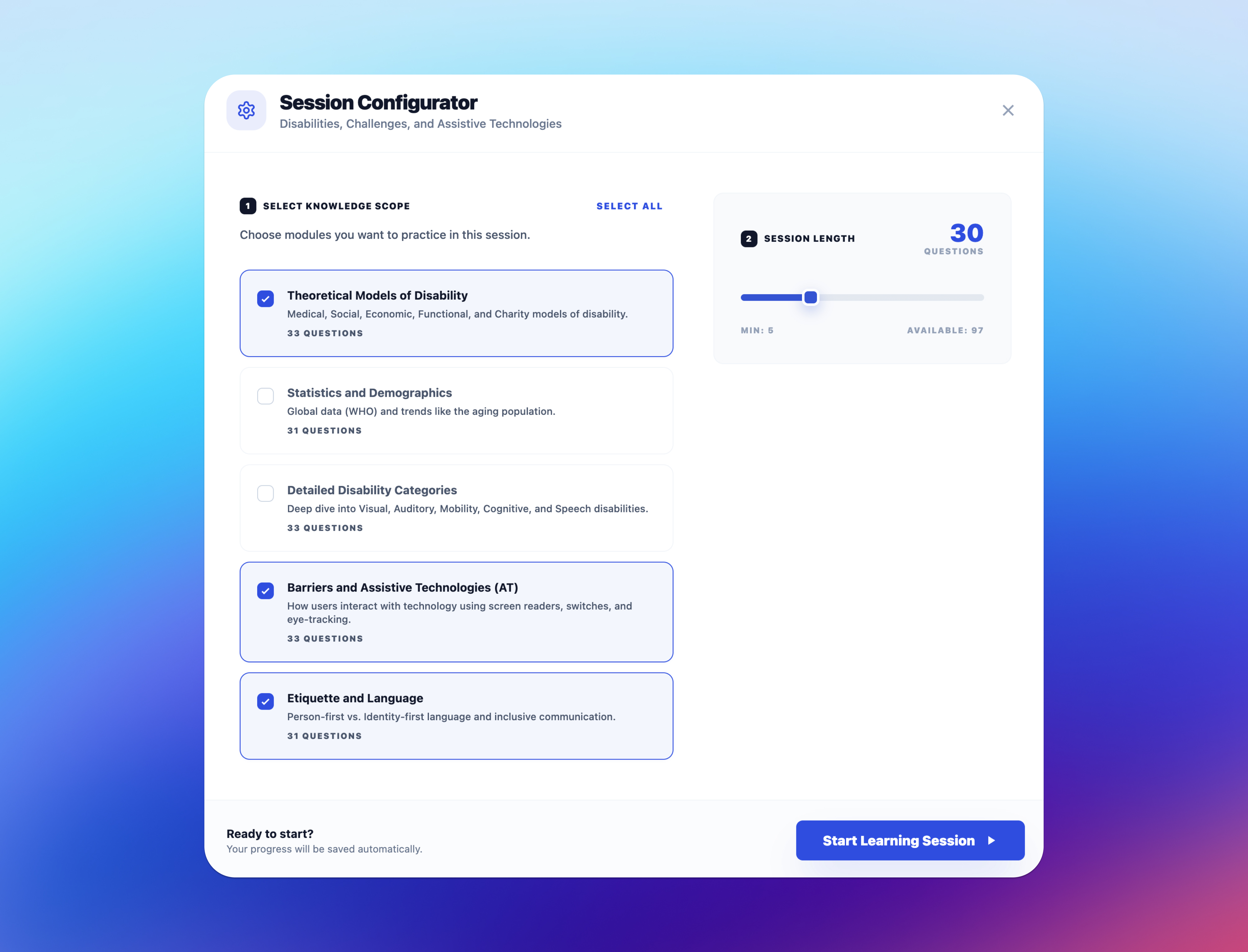 Session configurator modal: a list of selectable modules on the left with question counts, and a session-length slider on the right set to 10 questions out of 161 available.